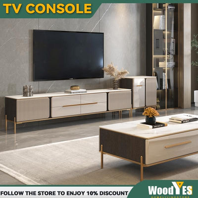 WOODYES Nordic Tv Console Cabinet Rock Board TV Cabinet Coffee Table Glossy Light Luxury Living Room