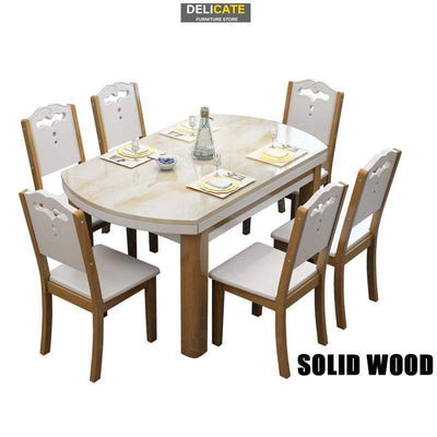 Solid Wood and Chair Combination Modern Simple Telescopic Marble Dining Folding Household