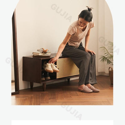 GC Shoe Rack Bench Rattan Woven Shoe Cabinet Integrated Household Doorstep Sitting Low Solid Wood