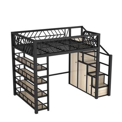 Y&u Wrought Iron Loft Bed Space Saving Iron Frame Bed Ladder Cabinet Single Double Bed Elevated Iron