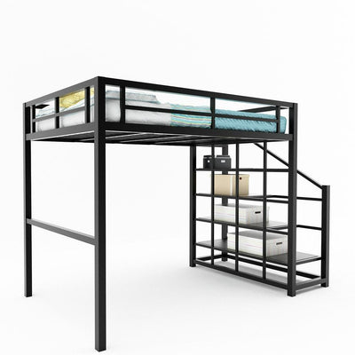 FORTUNE Modern simple bedroom black iron bed upper and lower single double elevated bed apartment