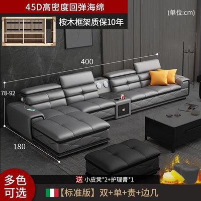 Italian Cowhide Sofa Modern Adjustable Usb Charging Comfortable L-shaped Sofa Set Russian Solid Wood