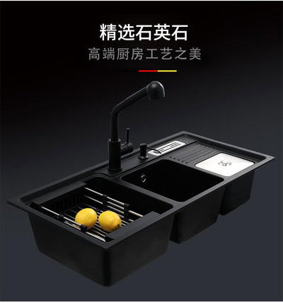 Kitchen Sink Quartz Stone Sink With Knife Holder, Black Granite Three Sinks